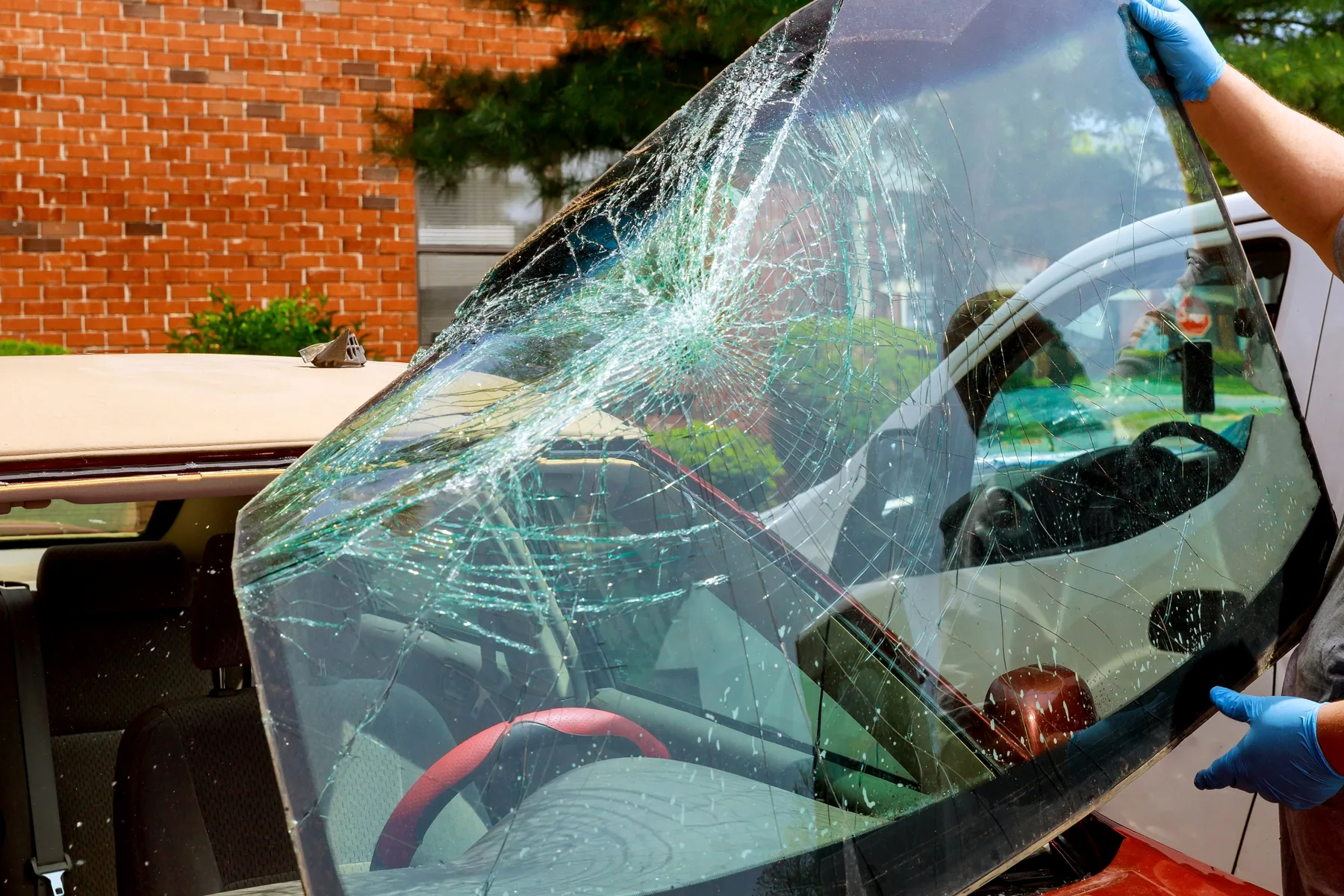 Damaged windshield being lifted from a vehicle during replacement